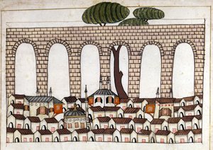 Utsikt over Konstantinopel og dens akvedukt. Miniatyr fra "" Turkish Memorials"" (kodeks Cicogna 1971 "Memorie Turchesche") Akvarell fra 1600-tallets venetianske skole. av Venetian School