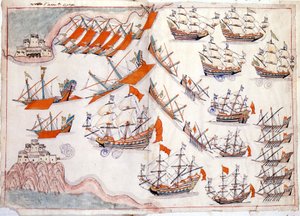 Krig mellom Venezia og det osmanske riket: Slaget ved Dardanellene som så seieren til den venetianske kapteinen Lorenzo Marcello i 1655 (akvarell)