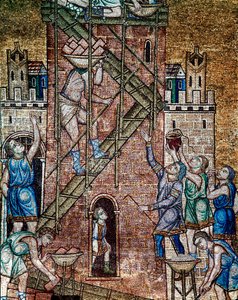 Bysantinsk arkitektur: "" konstruksjonen av Babelstårnet""" På stedet legger arbeidernes maconer, montert på stillaser, steinene til tårnet. Mosaikk laget av venetianske kunstnere Basilica di San Marco fra 1200-tallet (St. Markus basilika), Venezia