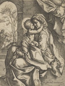 Jomfruen satt med Kristusbarnet på fanget og omfavnet henne, Joseph så..., ca. 1600-1613.