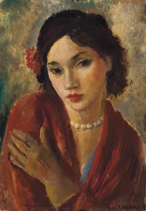 En elegant dame med et perlekjede (olje på lerret) av Vera Rockline