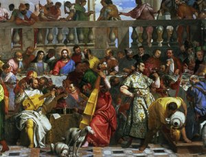 The Marriage Feast at Cana, detalj av musikere og hunder, c.1562 olje på lerret detalj av 94932 av Paolo Veronese