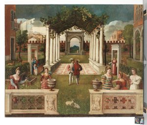 En klassisk arkitektonisk hage med elegante figurer, et fjellandskap bortenfor, ca. 1530 (olje på lerret) av Veronese School