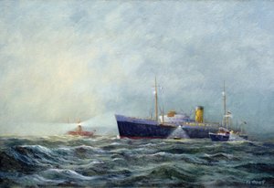 En Pathfinder (toseters motorbåt) som setter fra seg et passasjerfly foran fyrbåten utenfor Harwich (England). Olje på lerret av Vic Trevett ()