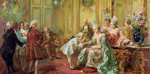 Wolfang Amadeus Mozart (1756-1791) på Madame (Marquise) de Pompadour (Mozarts familie, under Europaturneen) (1763-1766) - Akademisk kunst: Presentasjonen av den unge Mozart til Madame de Pompadour i Versailles i 1763 av Paredes, Vicente Gar av Vicente Garcia de Parades
