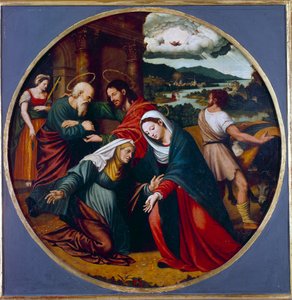 Besøk. Møte mellom Jomfru Maria og Saint Elizabeth. Innerst inne, St. Josef og Sakarja. Maleri av Juan Vincente Macip (1490-1550) Ec. Esp. av Vicente Juan (c.1510 79) Macip