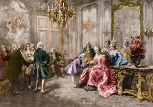Wolfgang Amadeus Mozart (1756-1791) hos Madame (Marquise) de Pompadour (Mozarts familie, under turnéen i Europa) (1763-1766). Gravering etter maleriet av M. V. de Paredes. av Vicente de (after) Paredes