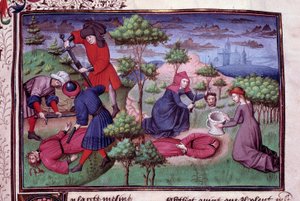Drapssted for to menn hvis mordere kuttet hodet av dem. Side av et manuskript på fransk av "Decameron"" av Giovanni Boccaccio dit Jean Boccace (1313-1375), italiensk forfatter, belyst av Mesteren av Mansel. 1450. Paris, Arsenals bibliotek av Vicente de Paredes