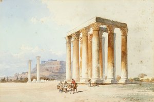 Zevstempel med Akropolis, Parthenon, Athen (akvarell og kroppsfarge) av Vicenzo Lanza
