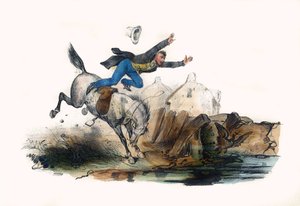 En rytter faller etter ruset fra hesten. I "" Album Grotesque, Choices of Outstanding Types", illustrasjoner av Victor Adam, Paris, rundt 1850. av Victor Adam