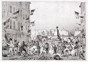 Barrikaden ved Rue Dauphine, 29. juli 1830, gravert av H. Delaporte