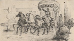 Fem hester som trekker en vogn med passasjerer, midten av 1800-tallet.