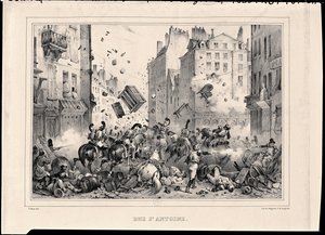 Rue Saint-Antoine i juli 1830, gravert av H. Delaporte av Victor Adam
