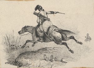 Soldat på galopperende hest, midten av 1800-tallet.
