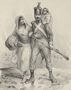 Soldat med en kvinne på armen og et barn på ryggen, midten av 1800-tallet.. av Victor Adam