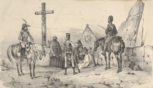 Soldater samlet seg foran en kirke med prester og et krusifiks, midten av 1800-tallet. av Victor Adam
