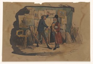Gateselger med en bod full av kunst stopper en mann av Victor Adam