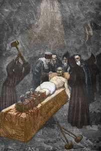 Saken om besitterne av Loudun (demoner de Loudun) rundt 1630: heksejakt, den franske presten Urbain Grandier (1590-1634) som angivelig inngikk en pakt med djevelen og anklager for å ha forhekset av nonner, er tortur til broderi - (Urbain) Grandier, fransk