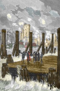 Siege de la Rochelle (1627-1628): "" Kardinal av Richelieu (1585-1642) på demningen til La Rochelle, under beleiringen av byen, place d'armes des Protestants i oktober 1628"" - Cardinal de Richelieu ved beleiringen av La Rochelle i 