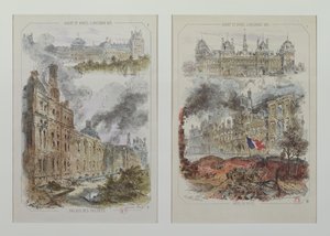 Utsikt over Tuileries-palasset og Hotel de Ville før og etter brannene i 1871 av Victor Coindre