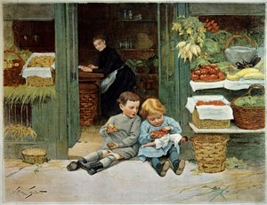 Reis ham. Barn som spiser toast foran morens dagligvarer. Den lille jenta har en dukke på knærne. Maleri av Victor Gilbert (1847-1935). Paris, dekorativ kunst av Victor Gabriel Gilbert