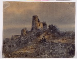Utsikt over ruinene av slottet Arques la Bataille (Arques-la-Bataille) Tegning av Victor Hugo (1802-1885) 1800-tallet Dim 17,4x22 cm Marseille, Chateau Borely, Museum for dekorativ kunst, fajanse og mote av Victor Hugo