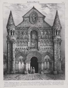 Romansk fasade av kirken Notre Dame la Grande, Poitiers, Frankrike (litho)