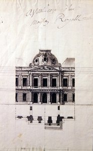 Design for en fasade til et kongehus (penn og blekk med grå vask) av Victor Louis