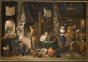 Interiør med alkymist. og assistenter / Gem. V. Mahu av Victor Mahu