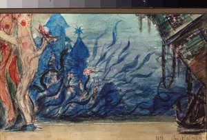 Forberedende sett for operaen ""Sadko"" av Nicholas (Nikolai) Rimsky Korsakov (Rimsky-Korsakov) (1844-1908) (Scenedesign for operaen Sadko av N Rimsky Korsakov) undervannslandskap - Verk av Viktor Mikhaylovich Vasnetsov (1848- 1926), blyant og akvarell av Victor Mikhailovich Vasnetsov