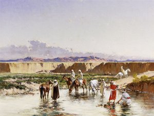 Arabiske ryttere som vanner i en oase,