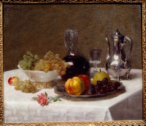 Bordhjørne Stilleben av frukt (druer, kvede og pære), sølvtøy og vinmugge. Maleri av Victoria Dubourg (1840-1926) 20. århundre Sun. 0,52x0,63 m Grenoble, Musee des Beaux Arts av Victoria Dubourg