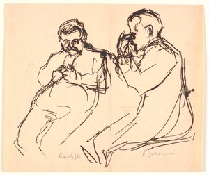 Figurskisse. To sittende menn: Aarsleff og P. Johansen av Viggo Johansen