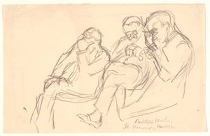 Figurskisse. Tre sittende menn: Fr. Henningsen, Aarsleff og P. Johansen av Viggo Johansen