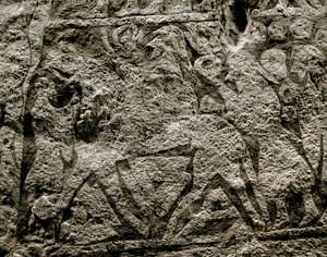 De døde som rir på Odins hest, detalj av en vikingbegravelsesstein, 7.-8. århundre e.Kr. av Viking