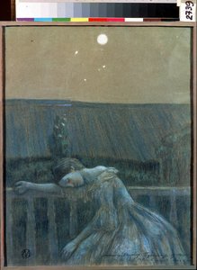 ""The Sorrow"" (Sorrow) En desperat ung jente som lener seg mot et rekkverk. Akvarell og pastell av Viktor (Victor) Elpidiforovich Borisov-Musatov (Borisov Musatov) (1870-1905) (symbolikk) 1903 Statens museum for historie og kunst Serpukhov (Serpukhov).
