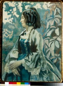 Portrett av en kvinne, lukkede øyne, ettertenksom, iført en krinolinkjole - Kunstverk av Viktor (Victor) Elpidiforovich Borisov-Musatov (Borisov Musatov) (1870-1905)
