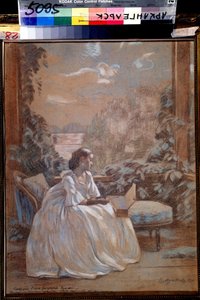 ""Romantikk"" Ung dame som spiller xylofon. Akvarell av Viktor (Victor) Elpidiforovich Borisov Musatov (Borisov-Musatov) (1870-1905) Regionalt kunstmuseum rundt 1900, Arkhangelsk