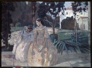 Tapet. To elegante unge kvinner går i hagen til en velstående eiendom. Maleri av Viktor (Victor) Elpidiforovich Borisov Musatov (Borisov-Musatov) (1870-1905). tempera på lerret