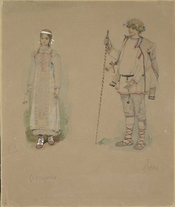 Snow Maiden og Lel. Kostymedesign for operaen Snow Maiden av N. Rimsky-Korsakov, 1885 av Viktor Mikhaylovich Vasnetsov