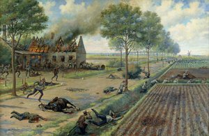 Det russiske kavaleriet kjempet mot tyskerne i en landsby i 1915, ca. 1915-16 (olje på lerret) av Viktor Viketyevich Masurovsky