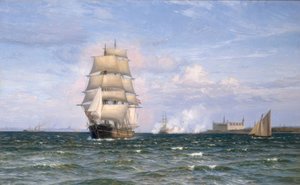 Dansk lekter foran Kronborg slott og Helsingør i det fjerne av Vilhelm Arnesen