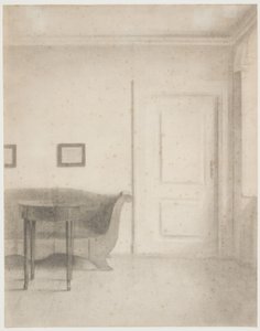 Interiør med sofa og lite bord, t.h. en dør av Vilhelm Hammershøi