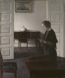 Interiør med en dame som leser, ca. 1900 (olje på lerret) av Vilhelm Hammershoi
