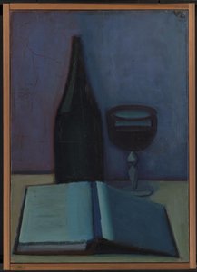 Stilleben med en bok, et glass og en flaske av Vilhelm Lundstrøm