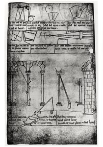 Ms.Fr.19093 fol.20v Geometriske figurer for konstruksjon, buer og mennesker som måler høyden på et tårn (faksimilekopi)