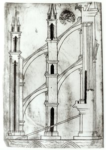 Fr 19093 f.32v Utsnitt av veggen og buen til absidialkapellene i Reims katedral (faksimilekopi)