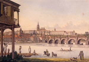 Utsikt over det lille kvarteret og Praha slott Hradcany fra Papoueks bad, 1825 (farget etsning)