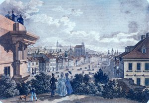 Hestemarked på Václavplassen, Praha, 1835 (farget stålgravering) av Vincenc and Geissler, F. Morstadt
