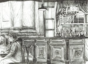 Cafe at the Royal Exchange, Manchester, 2011, (blekk på papir) av Vincent Alexander Booth